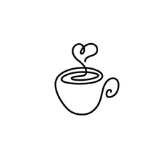 Cup of coffee with heart shaped smoke,  print for clothes, t-shirt, emblem or logo design, Valentine's Day, greeting card, hand drawn vector illustration. Continuous line drawing.