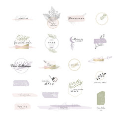 gentle set of botanical and chic logo templates,  stickers and trendy feminine floral compositions