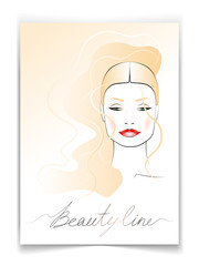 beauty card with the image of a beautiful girl with long hair makeup. Female stylized portrait. template of a postcard, poster.