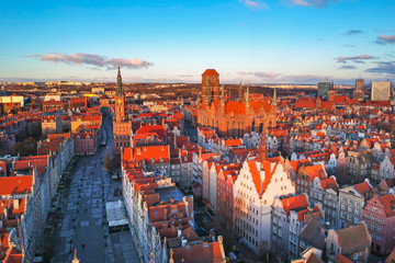 Aerial scenery of the old town in Gdansk at sunrise, Poland.