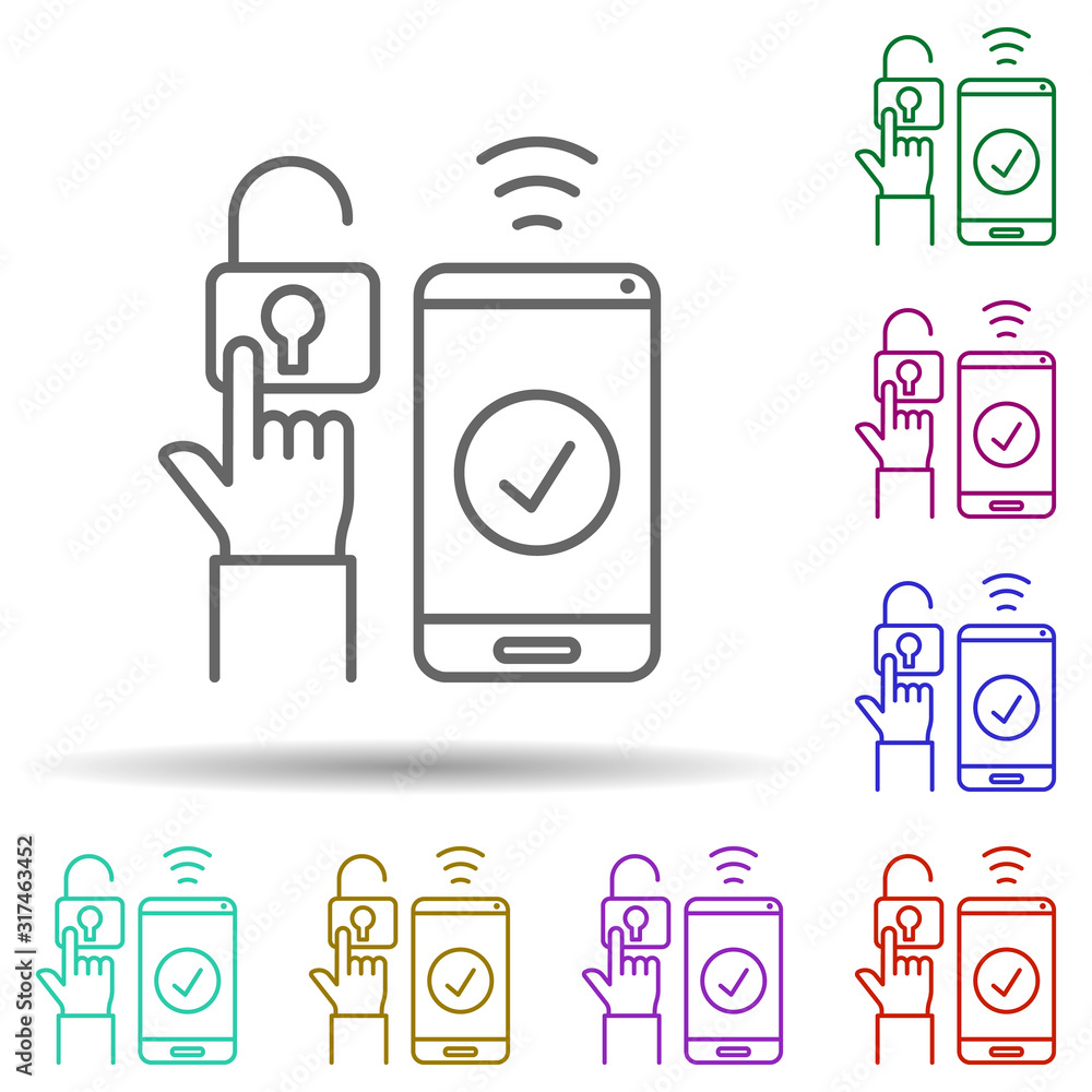 Poster fingerprint, prove, smartphone in multi color style icon. simple thin line, outline vector of social