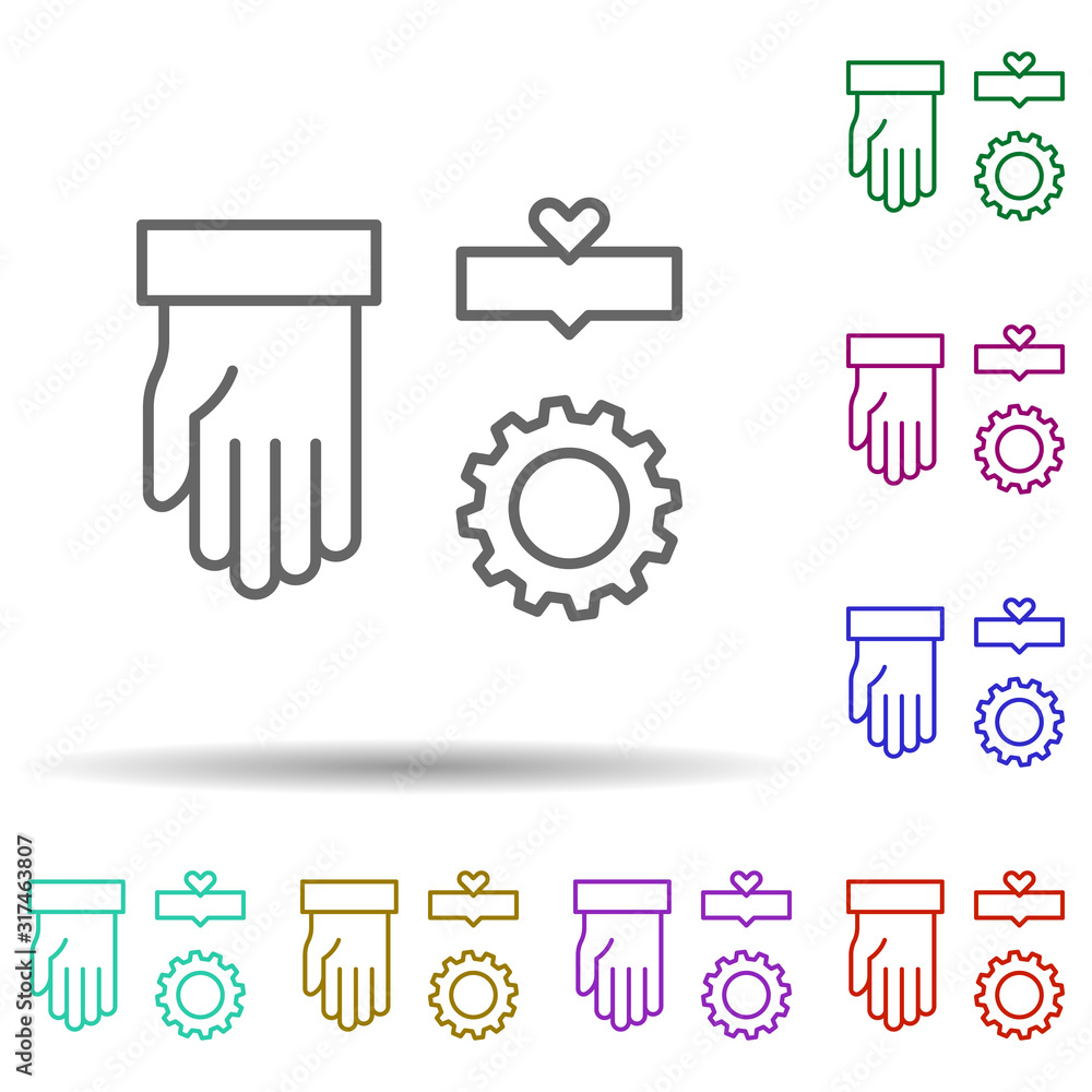 Poster support, hand, gear in multi color style icon. simple thin line, outline vector of team work icons f