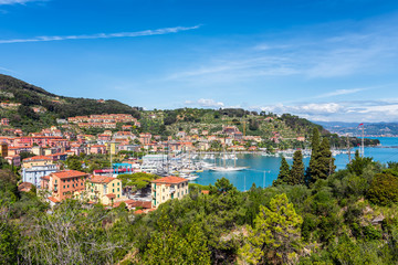 Fototapeta na wymiar Scenic view of La Spezia yacht bay in sunny day, Cinque Terre, Italy, Liguria region.