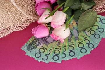 pink roses and 100 note australian dollars 