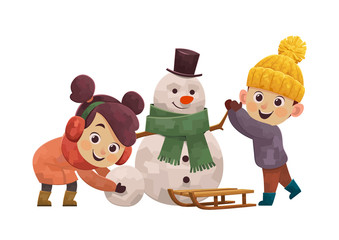 Winter fun cute children building snowman and smiling