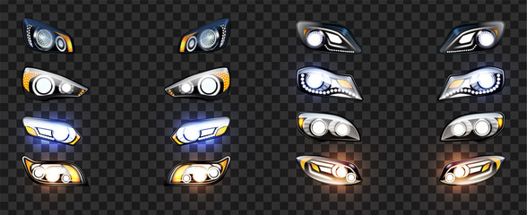 Car Headlight With Glowing Light Effect Set Vector. Collection Of Different Modern Front Automobile Headlight, Exterior Detail. Stylish Design Lamp Equipment Concept Template Realistic 3d © PikePicture