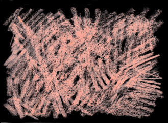Grunge pink coral chaotic hatching in oil chalk on black paper. Horizontal abstract raster illustration for collage, web background, banner, flyer.