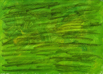 Abstract grunge hand drawn gouache paints green background. Raster horizontal illustration of paints topped with long strokes of pastel crayons.