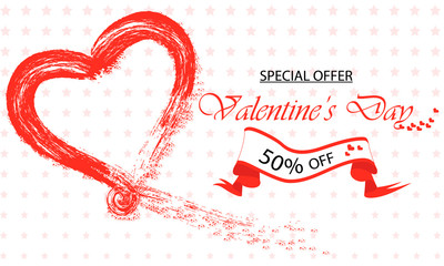 Happy Valentine's Day sale banner. Vector illustration with red heart and text elements on white background. Promo discount banner. 50% off banner.