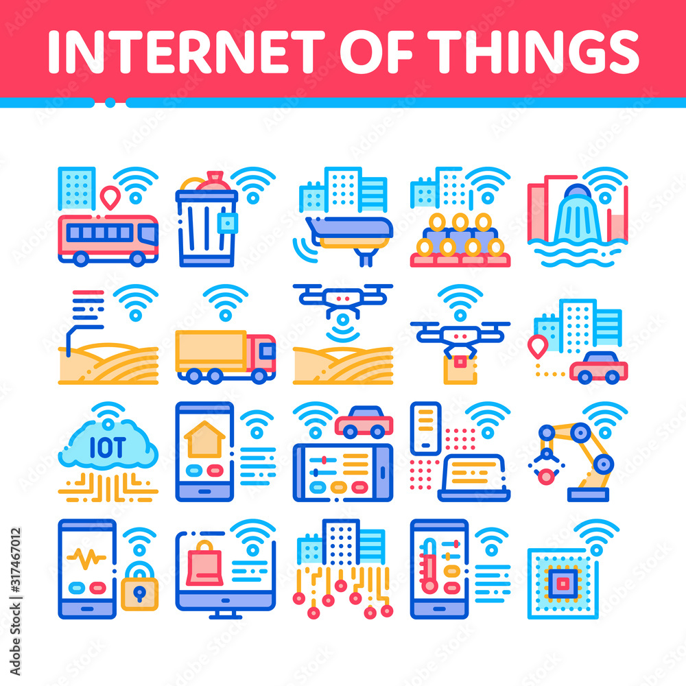 Poster internet of things iot collection icons set vector thin line. wifi signal in bus and truck, cctv cam