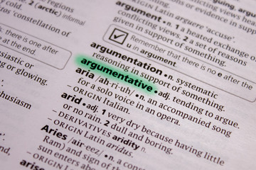 Fototapeta premium Argumentative word or phrase in a dictionary.