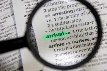Arrival word or phrase in a dictionary.