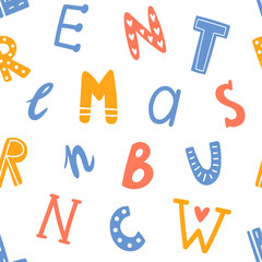 Alphabet vector seamless pattern. Hand drown cute doodle lettering with blue, red and yellow color. English letters on white background