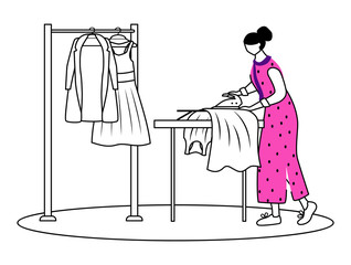 Ironing dresses, jackets flat contour vector illustration. Preparing clothes for fashion show. Designer assistant isolated cartoon outline character on white background. Dry cleaning simple drawing