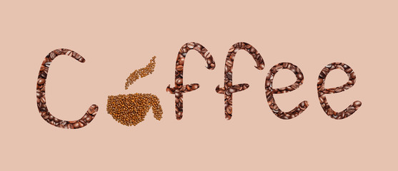 Di-cut coffee letter background. beans and cup coffee.