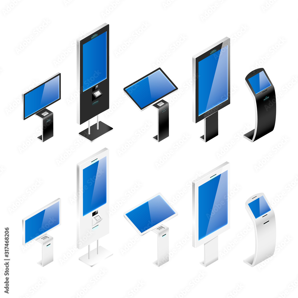 Poster different self order kiosks realistic vector illustrations set. interactive boards with blank displa