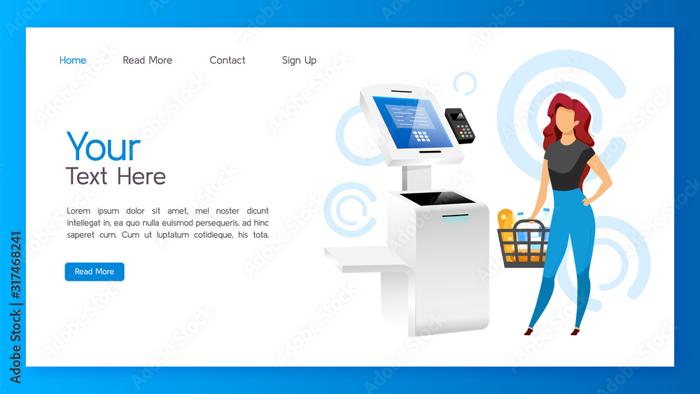 Poster store self service kiosk landing page vector template. payment machine website interface idea with f