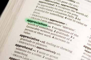 Appreciation word or phrase in a dictionary.
