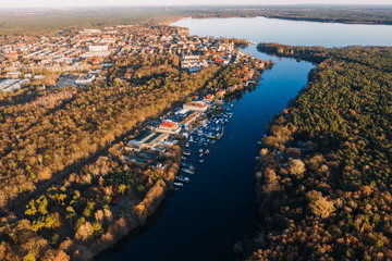 panorama drone photo of the Muggelsee Berlin at sunrise