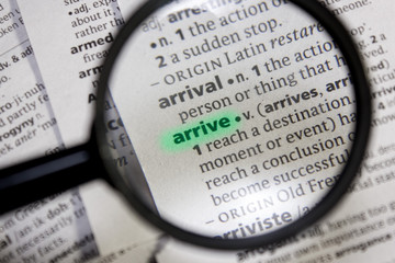 Arrive word or phrase in a dictionary.