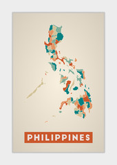 Philippines poster. Map of the country with colorful regions. Shape of Philippines with country name. Stylish vector illustration.