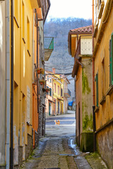 Fototapeta na wymiar Roccamonfina, Italy, 02/11/2017. A narrow street between the old houses of a mountain village