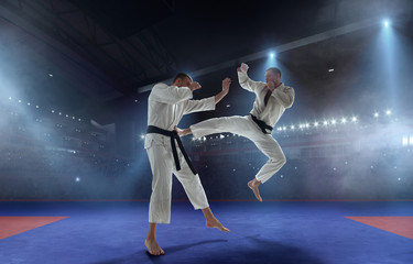 Fototapeta na wymiar Karate fighters on tatami. Fighting Championship.