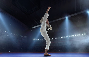 Karate fighters on tatami. Fighting Championship.