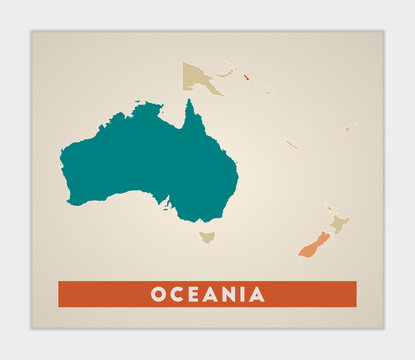 Oceania poster. Map of the continent with colorful regions. Shape of Oceania with continent name. Attractive vector illustration.