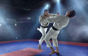 Karate fighters on tatami. Fighting Championship.