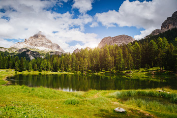 Fototapeta na wymiar Stunning image of the Antorno lake in National Park Tre Cime di Lavaredo.