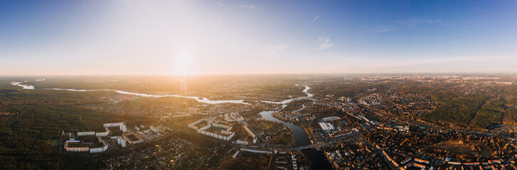 panorama drone photo of the old city Treptow-Kopenick Berlin at sunrise