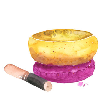watercolor handpainted singing bowl on white background
