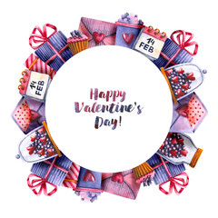 Fototapeta premium Round frame with watercolor envelope, gift, candies, cup, cake. Hand drawn illustration isolated on white. Happy Valentine's Day template is perfect for greeting card, festive poster, romantic cover