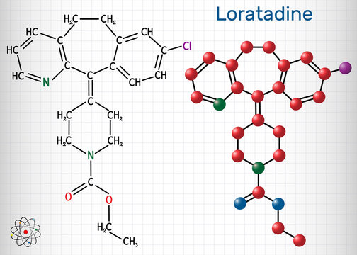 Loratadine C22H23ClN2O2 molecule. It is antihistamine, is used to treat allergies. Structural chemical formula and molecule model. Sheet of paper in a cage