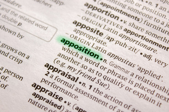 Apposition word or phrase in a dictionary.