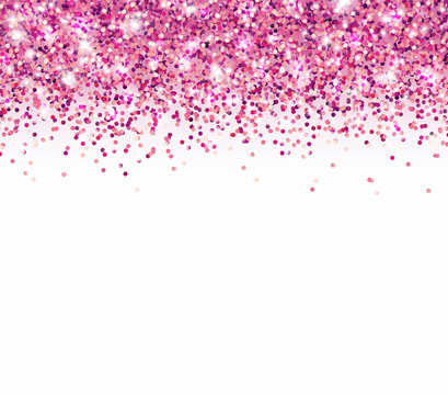 Pink glitter particles and light effect sparks isolated on white background. Vector glow shimmer confetti texture for luxury card design.