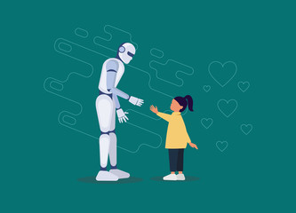 Robotic friend for a little girl flat. Robot holding a little girl hand. Futuristic assistant, nanny for children of a linear nature. The invention of artificial intelligence for child safety