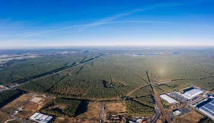 drone photo of the forest of Grunheide, Berlin-Brandenburg, Tesla giga factory