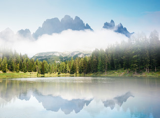 Stunning image of the Antorno lake in National Park Tre Cime di Lavaredo.