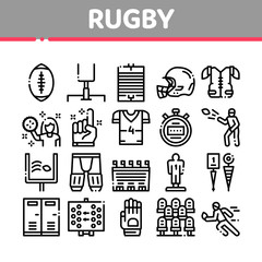Rugby Sport Game Tool Collection Icons Set Vector Thin Line. Rugby Ball And Gates, Athlete Protection Equipment And Glove, Helmet And Stopwatch Concept Linear Pictograms. Monochrome Contour
