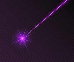 Purple laser beam light effect isolated on transparent background. Violet neon light ray with sparkles. - obrazy, fototapety, plakaty