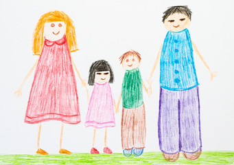 Pencil like a child`s hand-drawn parents, grass, colorful sun. Children draw mom and dad.