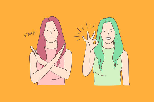 Sign language, stop and ok, opposite emotions concept. Call to stop, prohibition and consent gesture, communication, dialogue, gesticulating young woman, denying and agreeing girl. Simple flat vector