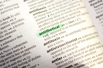 Antithetical word or phrase in a dictionary.