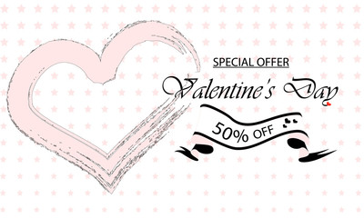 Valentine's Day Blush Pink; Happy Valentine's Day sale banner. Vector illustration with pink and black elements on white background. Promo discount banner. 50% off banner. 