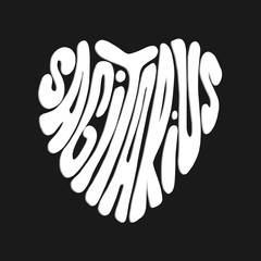 Hand Drawn Typography Name of Zodiac Sagitarius On Black Background. Calligraphic Handwritten Name of Zodiac