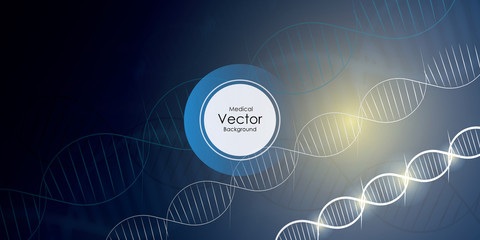Science concept image of human hand touching DNA. Blue light abstraction of digital art. Vector illustration.