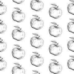 Apple background. Seamless pattern of hand-drawn black apples on white background. Sketch style vector backdrop