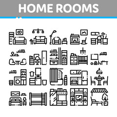 Fototapeta premium Home Rooms Furniture Collection Icons Set Vector Thin Line. Sofa And Table, Lamp And Chair, Fireplace And Rocking-chair Home Rooms Interior Concept Linear Pictograms. Monochrome Contour Illustrations